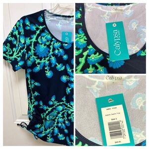 CALYPSA Swim Top -“Adele”- Blue Floral Short Sleeve Swim Top